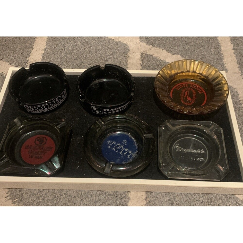 Vintage Lot of 6 Ashtrays Las Vegas, Silver Slipper, Flamingo Capri, Fitzgerald